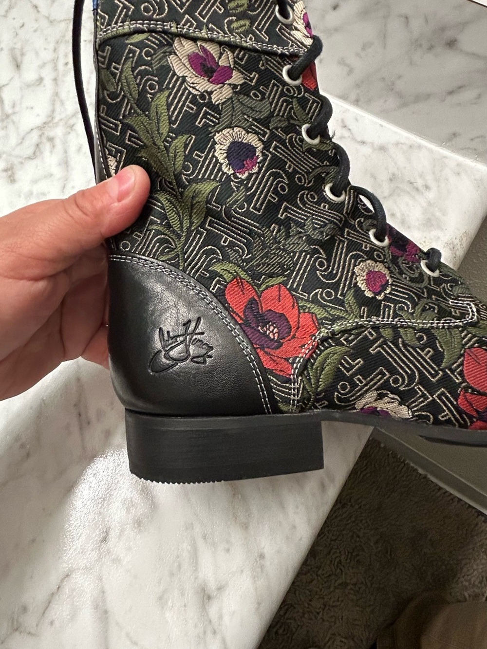New John Fluevog Black Lace-Up Boots with Red and Purple Floral Embroidery - Picture 6 of 13